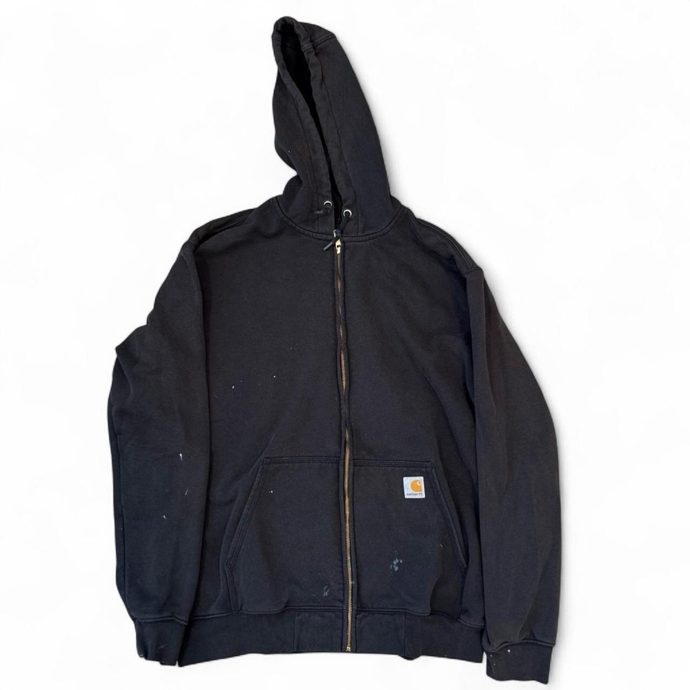 Carhartt Loose Fit Black Zip Up Hoodie Mens Size Large Paint Splattered Workwear